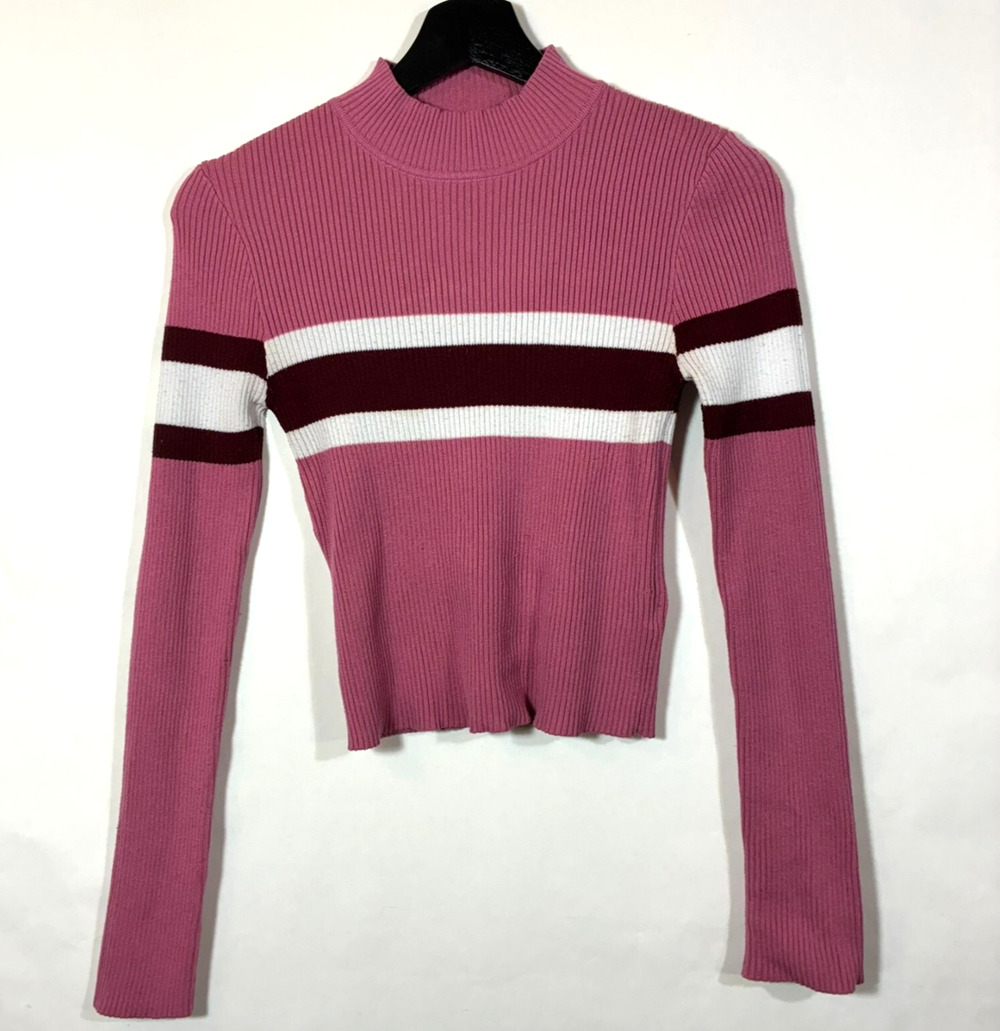 Women Winter Cropped Sweater Mock Neck Ribbed Slim Fit Pink Burgundy Jrs XL